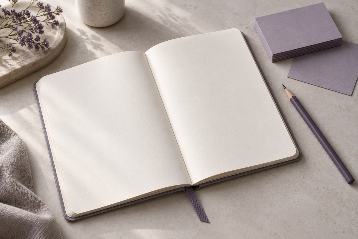 Concept illustration of a blank notebook, pencil and lavender planning cards