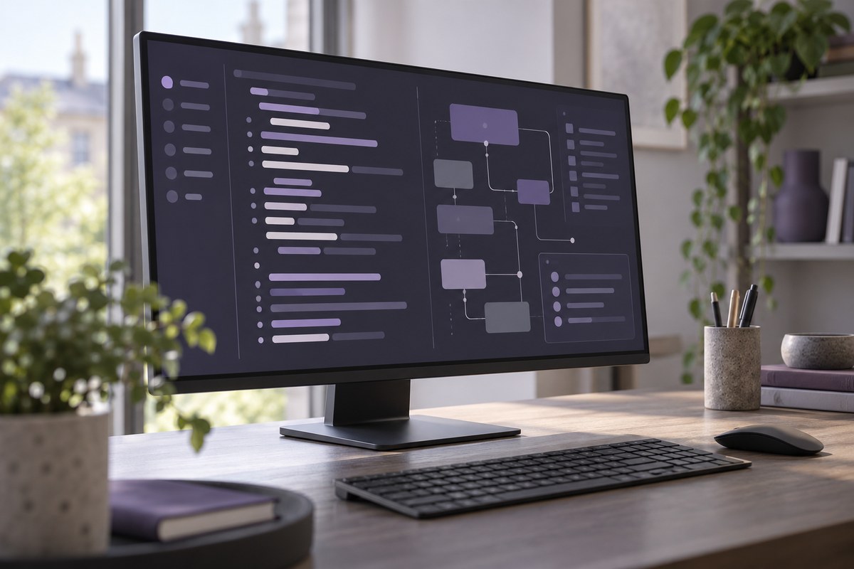 Concept illustration of a monitor with abstract software diagrams